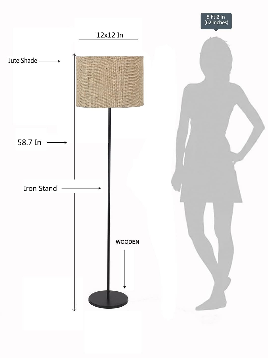 Beige Jute Drum Shade with Iron Floor lamp with Wood Base for Decoration/Office/Home/Gifting/Study .-(12x12x58.5 Inches)