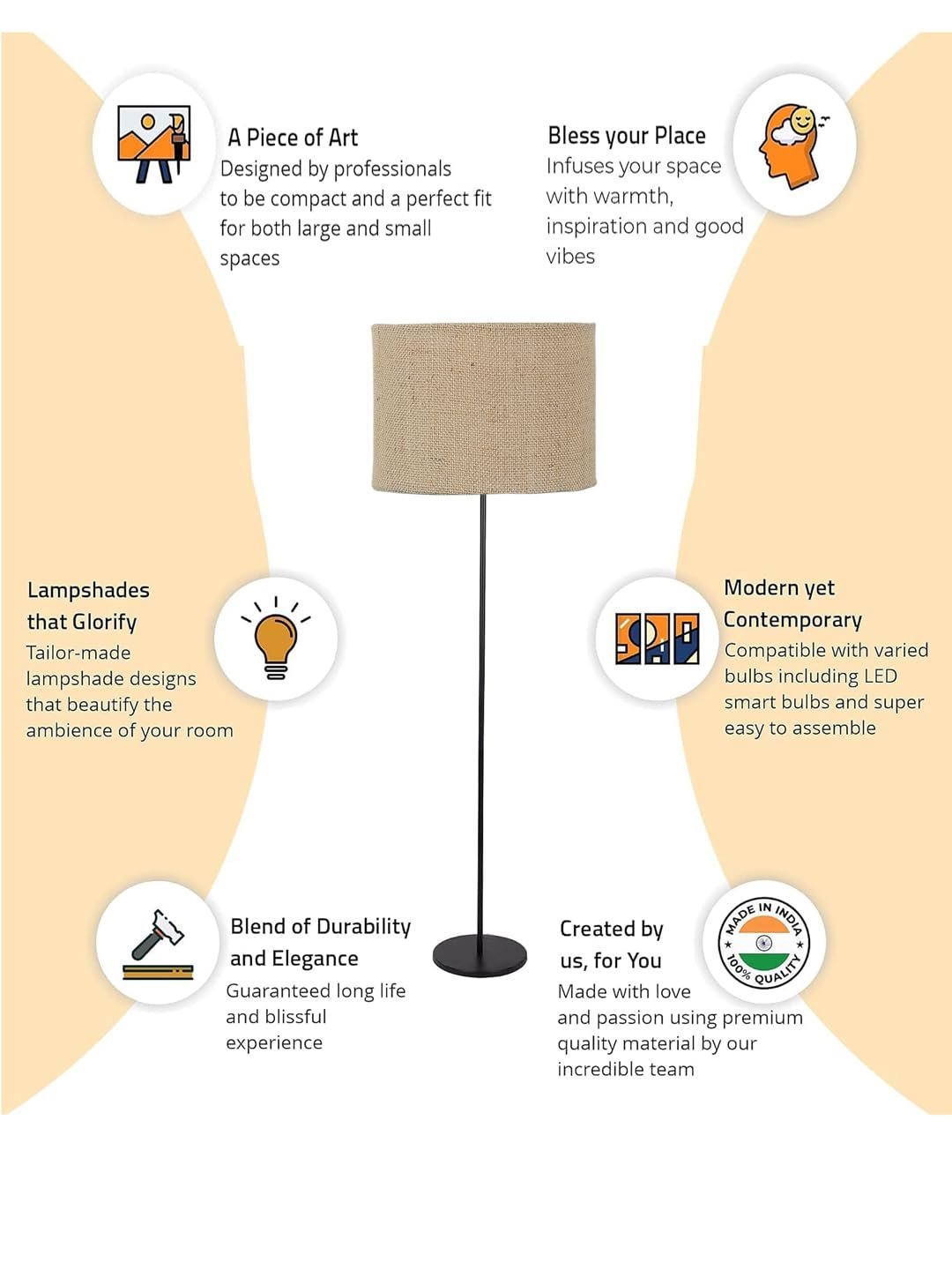 Beige Jute Drum Shade with Iron Floor lamp with Wood Base for Decoration/Office/Home/Gifting/Study .-(12x12x58.5 Inches)