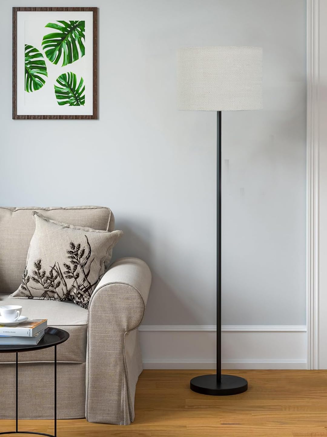 White Jute Drum Shade with Iron Floor lamp with Wood Base for Decoration/Office/Home/Gifting/Study .-(12x12x58.5 Inches)
