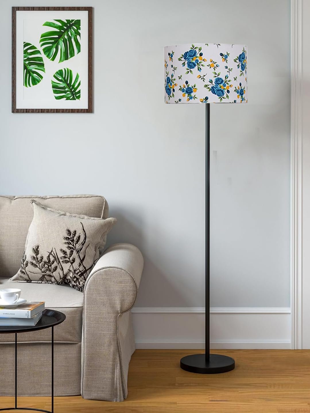 Multicolor Cotton Cotton Drum Shade with Iron Floor lamp with Wood Base for Decoration/Office/Home/Gifting/Study .-(12x12x58.5 Inches)-1