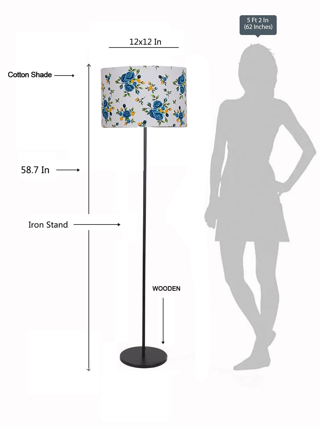 Multicolor Cotton Cotton Drum Shade with Iron Floor lamp with Wood Base for Decoration/Office/Home/Gifting/Study .-(12x12x58.5 Inches)-1