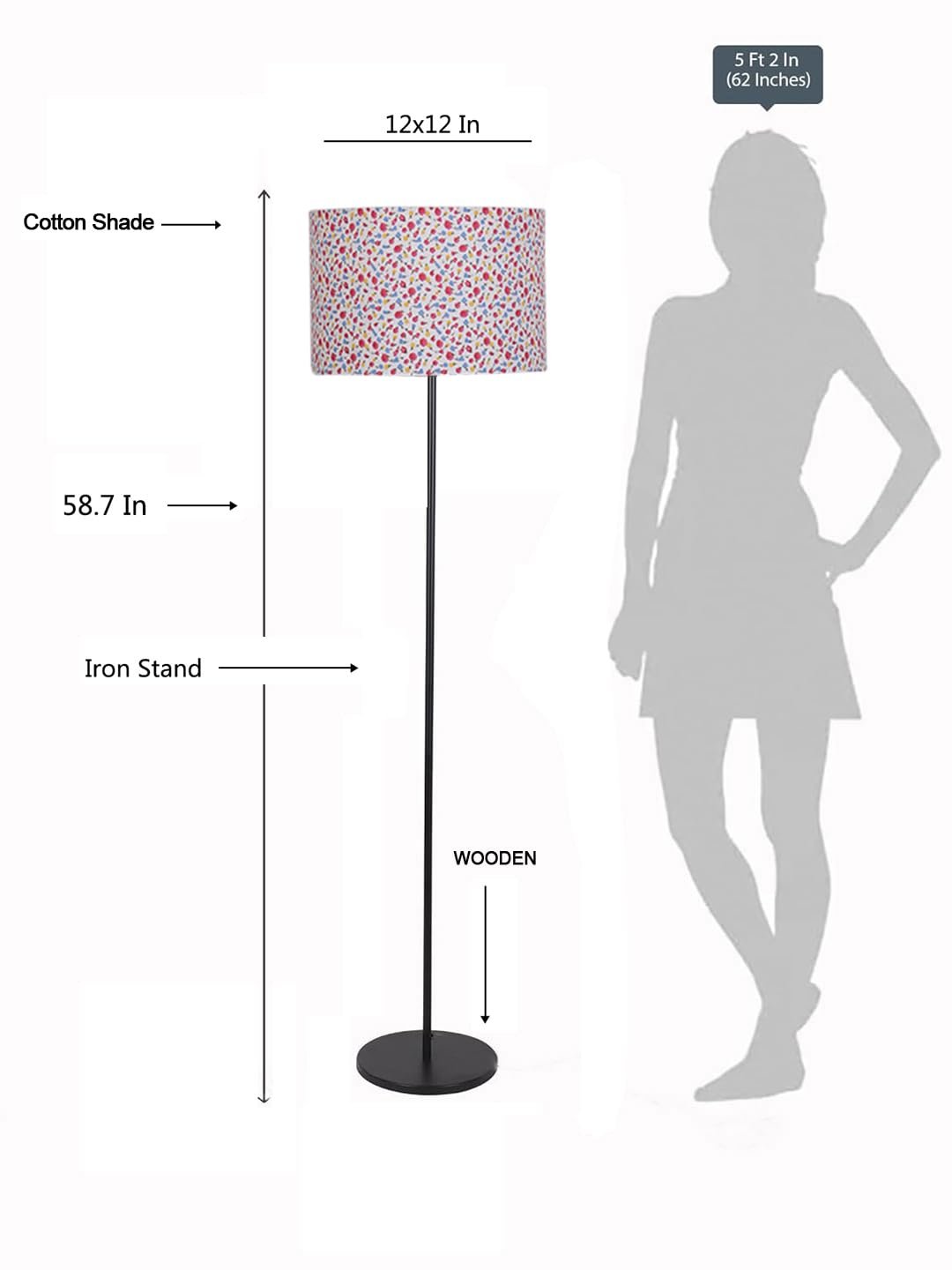 Multicolor Cotton Cotton Drum Shade with Iron Floor lamp with Wood Base for Decoration/Office/Home/Gifting/Study .-(12x12x58.5 Inches)-3