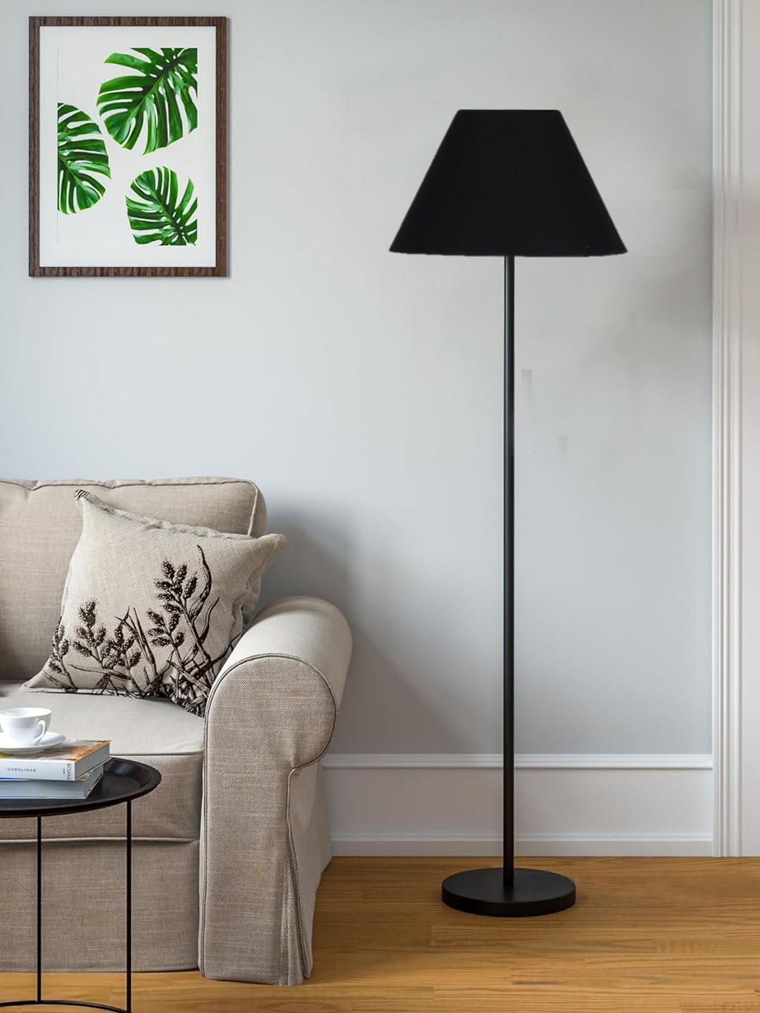 Black Cotton Conical Shade with Iron Floor lamp with Wood Base for Decoration/Office/Home/Gifting/Study .-(14x14x58.7 Inches)