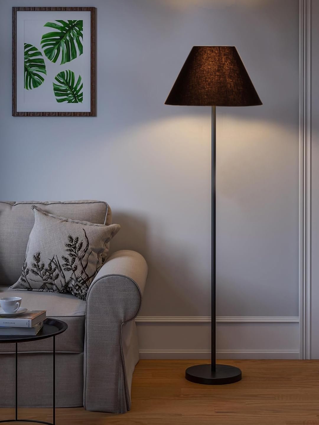 Black Cotton Conical Shade with Iron Floor lamp with Wood Base for Decoration/Office/Home/Gifting/Study .-(14x14x58.7 Inches)