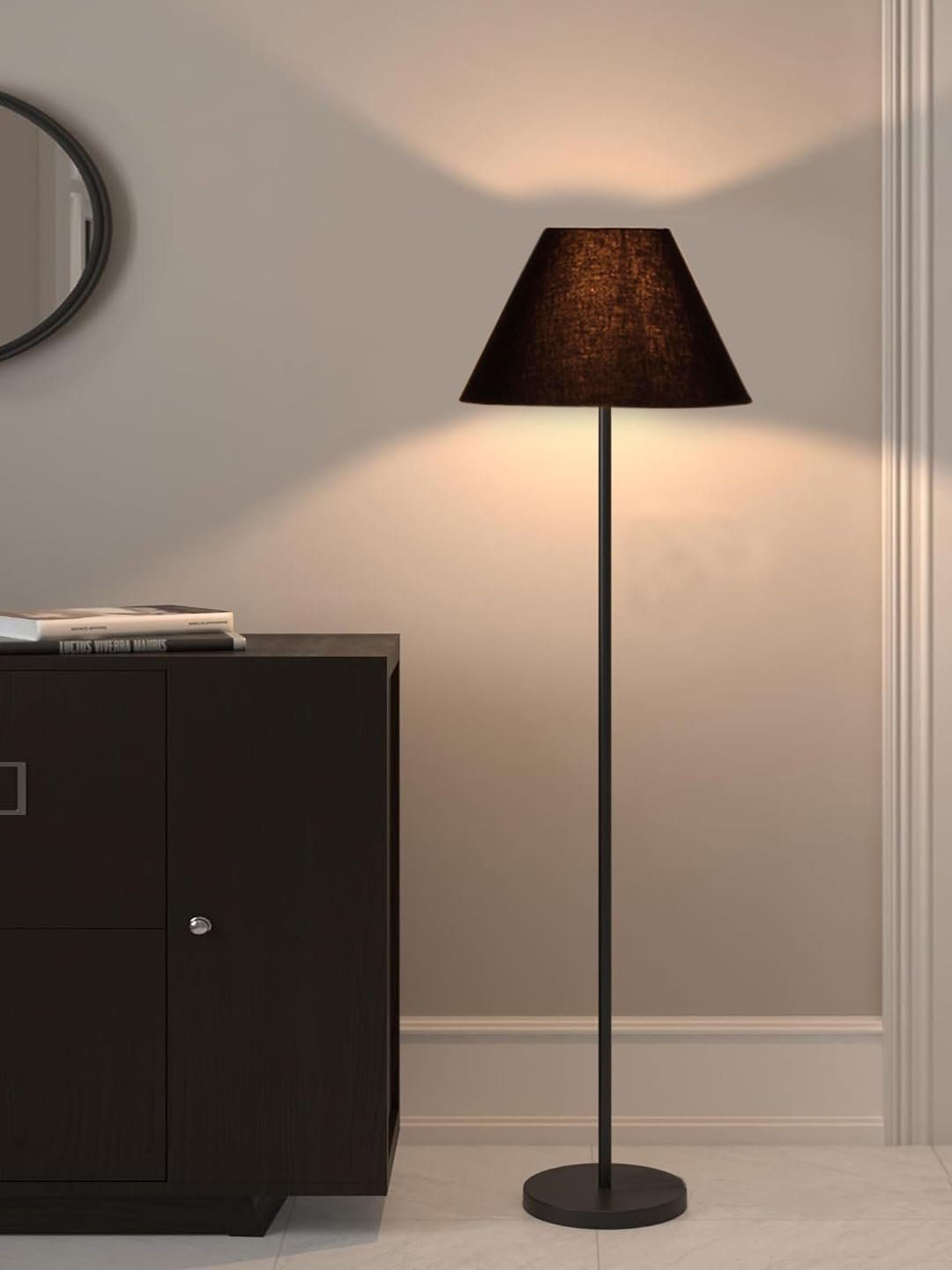Black Cotton Conical Shade with Iron Floor lamp with Wood Base for Decoration/Office/Home/Gifting/Study .-(14x14x58.7 Inches)
