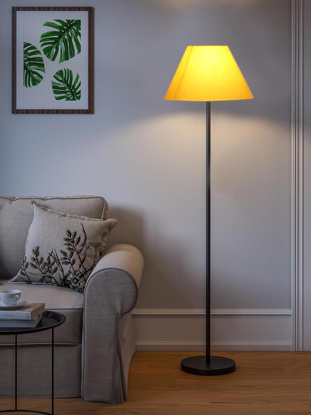Yellow Cotton Conical Shade with Iron Floor lamp with Wood Base for Decoration/Office/Home/Gifting/Study .-(14x14x58.7 Inches)