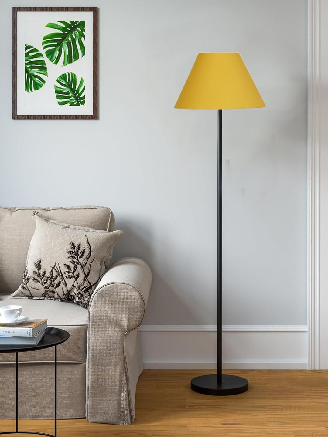Yellow Cotton Conical Shade with Iron Floor lamp with Wood Base for Decoration/Office/Home/Gifting/Study .-(14x14x58.7 Inches)