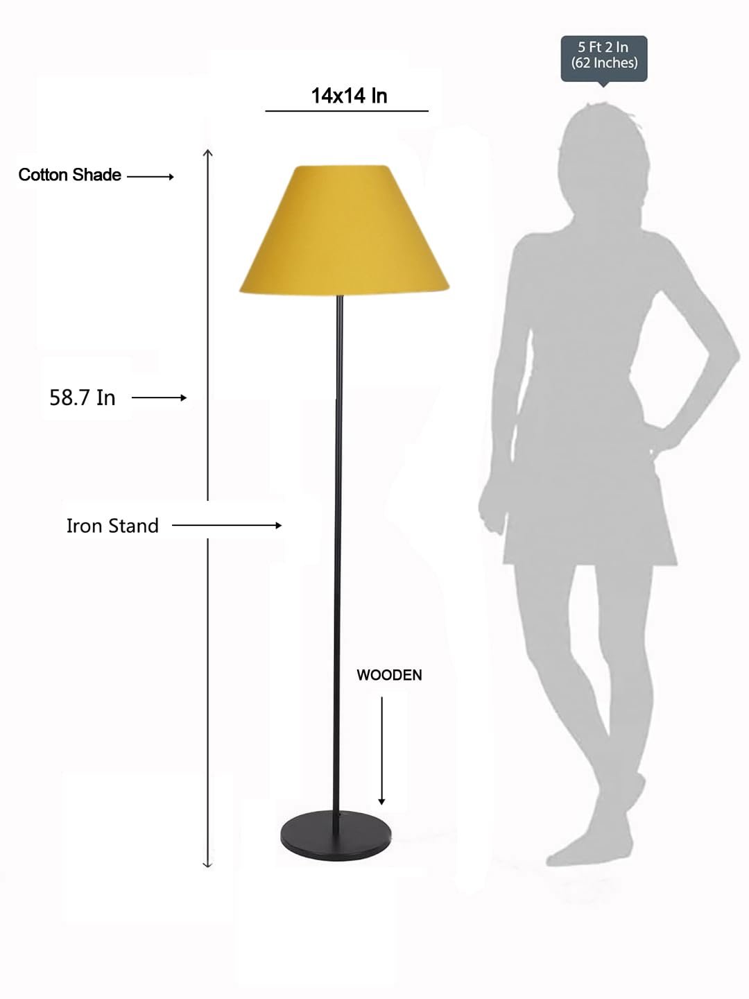 Yellow Cotton Conical Shade with Iron Floor lamp with Wood Base for Decoration/Office/Home/Gifting/Study .-(14x14x58.7 Inches)