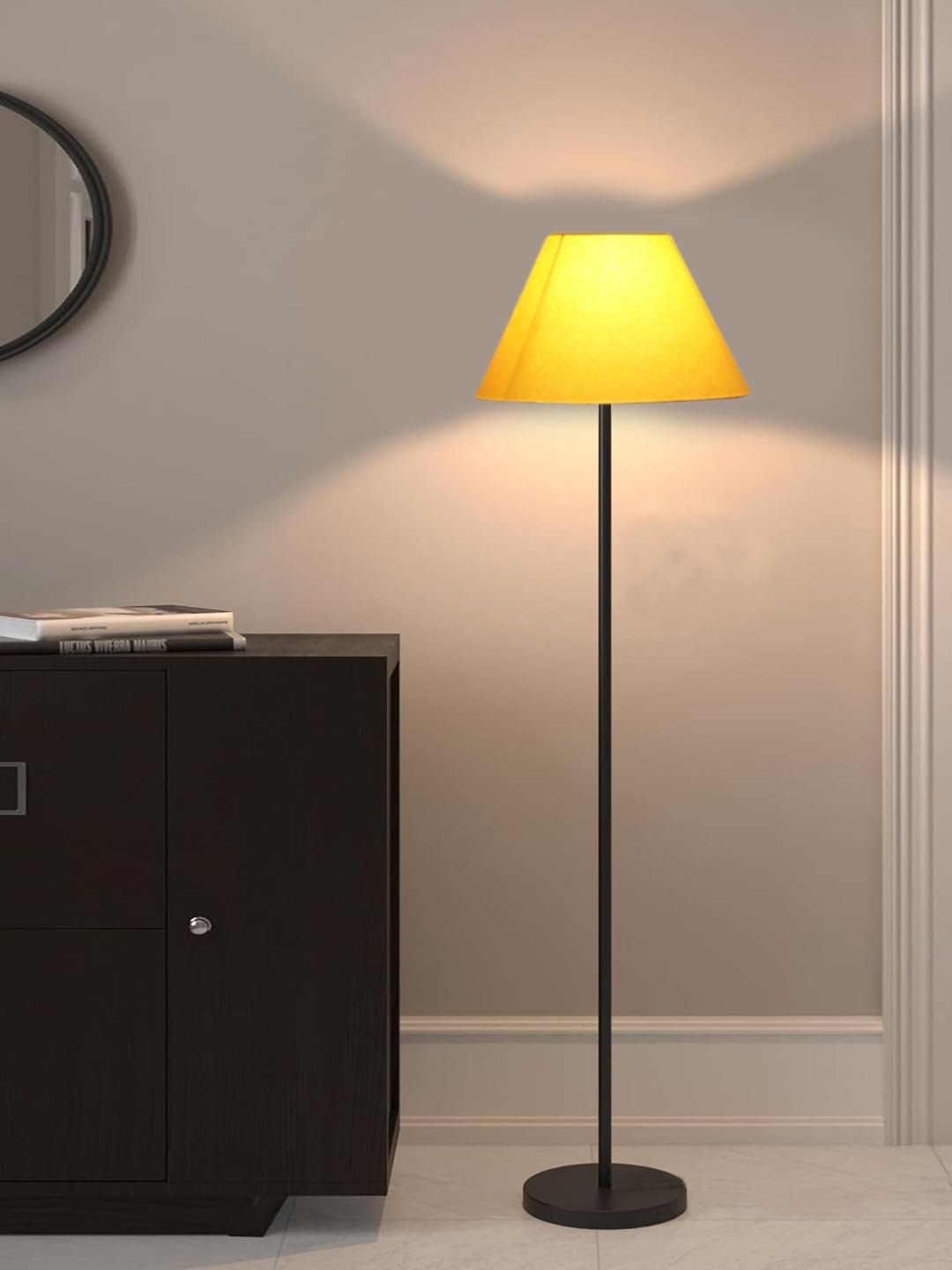 Yellow Cotton Conical Shade with Iron Floor lamp with Wood Base for Decoration/Office/Home/Gifting/Study .-(14x14x58.7 Inches)