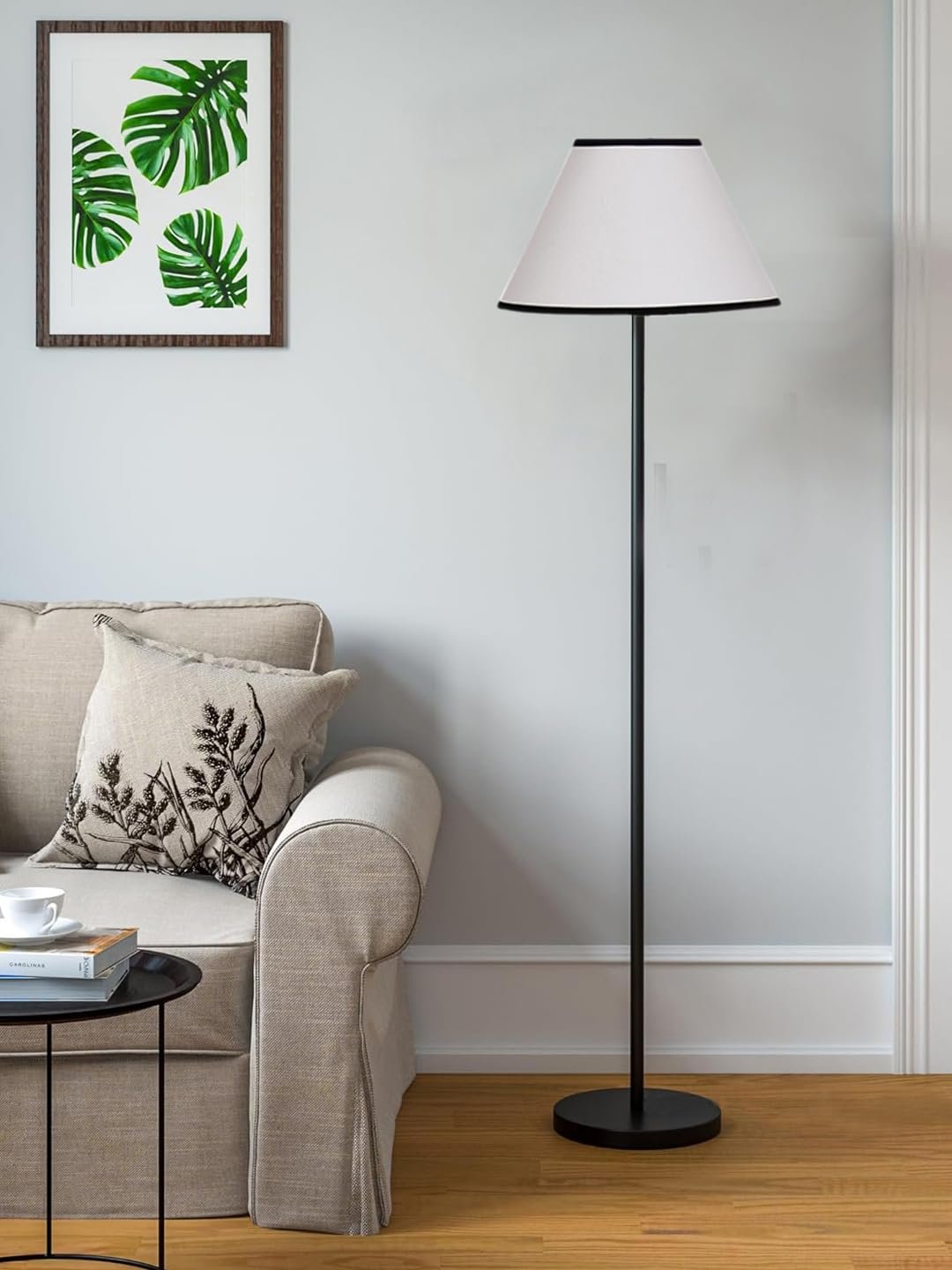 White & Black Cotton Conical Shade with Iron Floor lamp with Wood Base for Decoration/Office/Home/Gifting/Study .-(14x14x58.7 Inches)