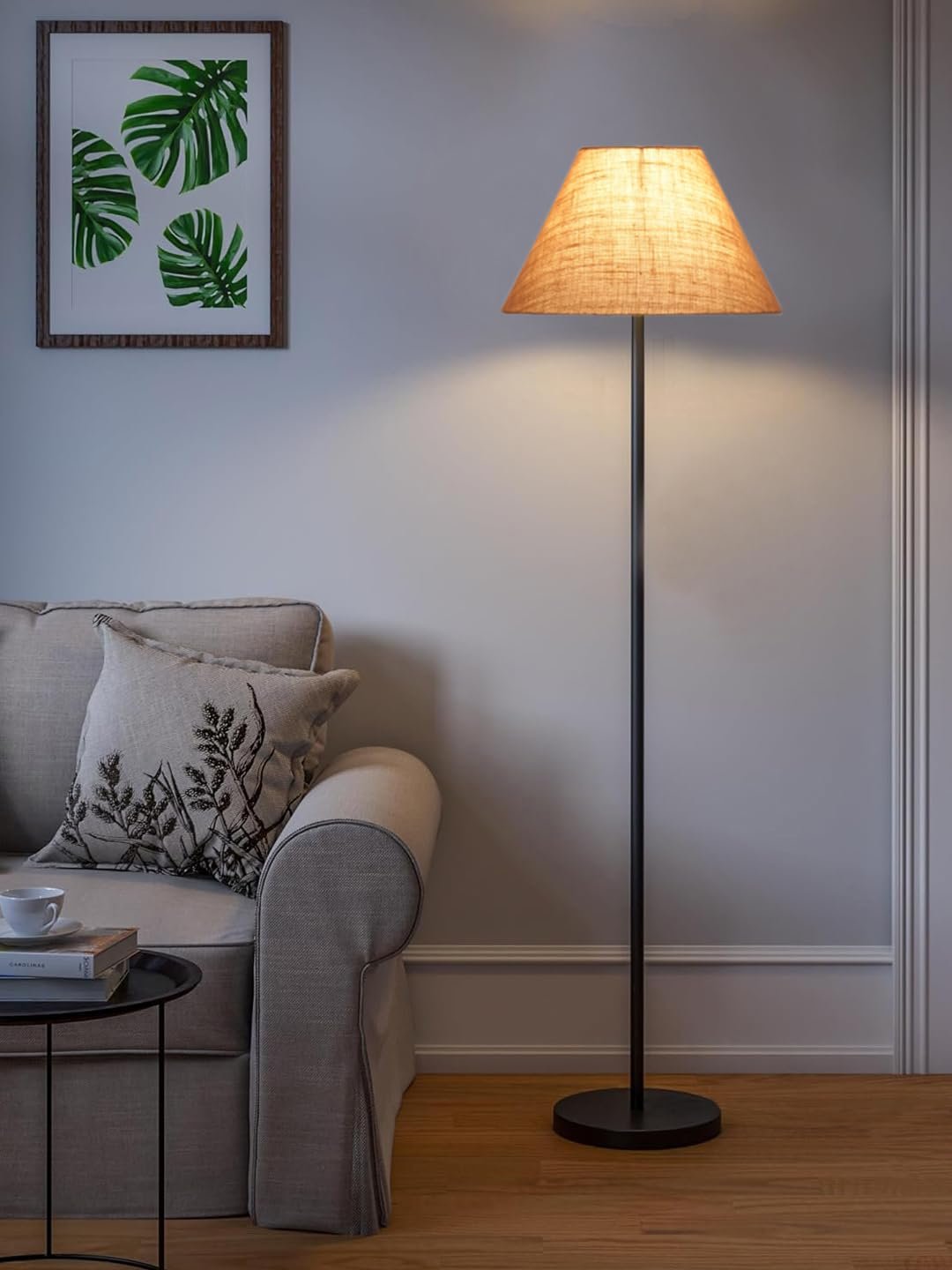 Beige Jute Conical Shade with Iron Floor lamp with Wood Base for Decoration/Office/Home/Gifting/Study .-(14x14x58.7 Inches)