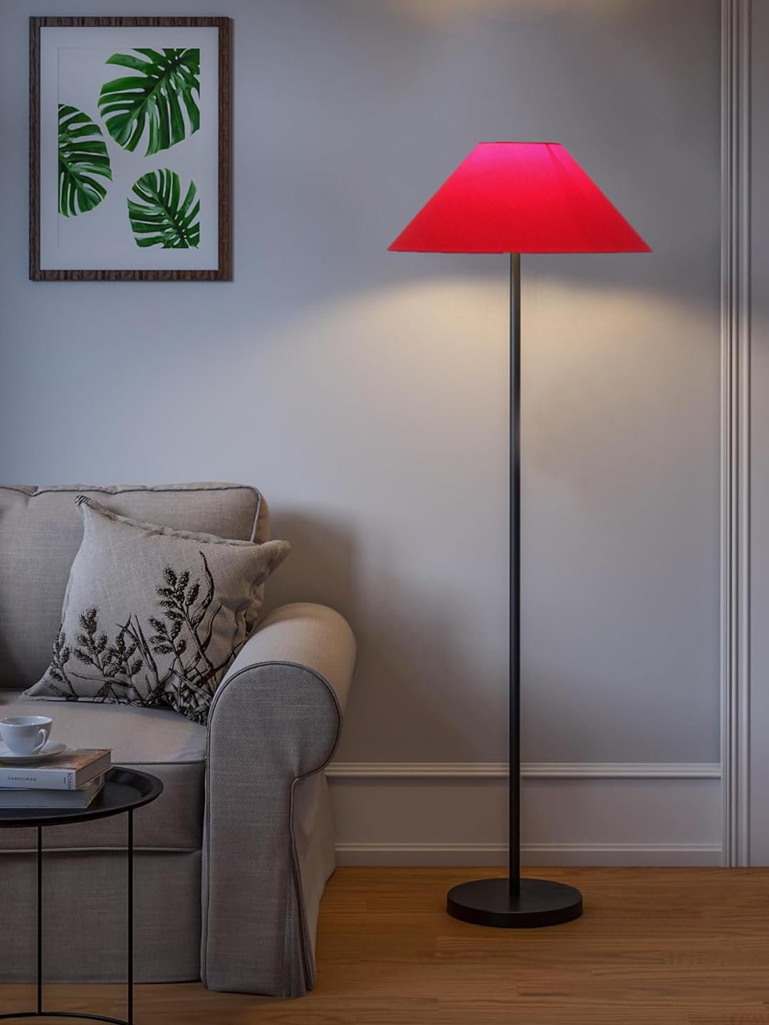 Red Cotton Coolie Shade Floor lamp with Black Wood Base for Decoration/Office/Home/Gifting/Study .(Pink,Jute) 32
