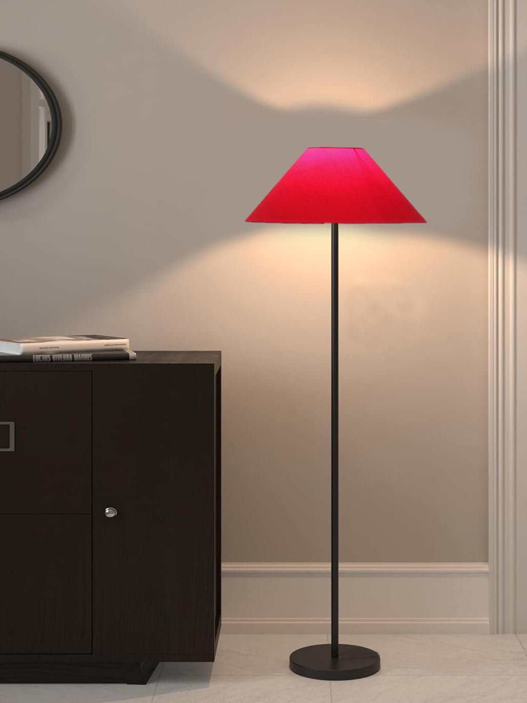 Red Cotton Coolie Shade Floor lamp with Black Wood Base for Decoration/Office/Home/Gifting/Study .(Pink,Jute) 32