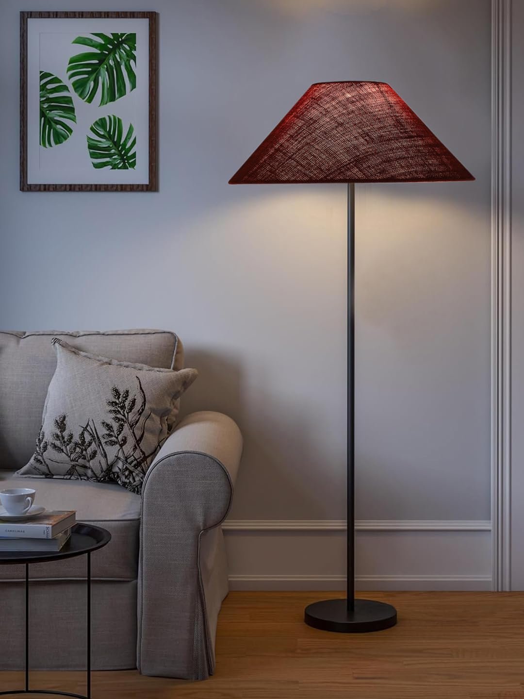 Maroon Jute Coolie Shade Floor lamp with Black Wood Base for Decoration/Office/Home/Gifting/Study .(13x13x55.7 Inches)