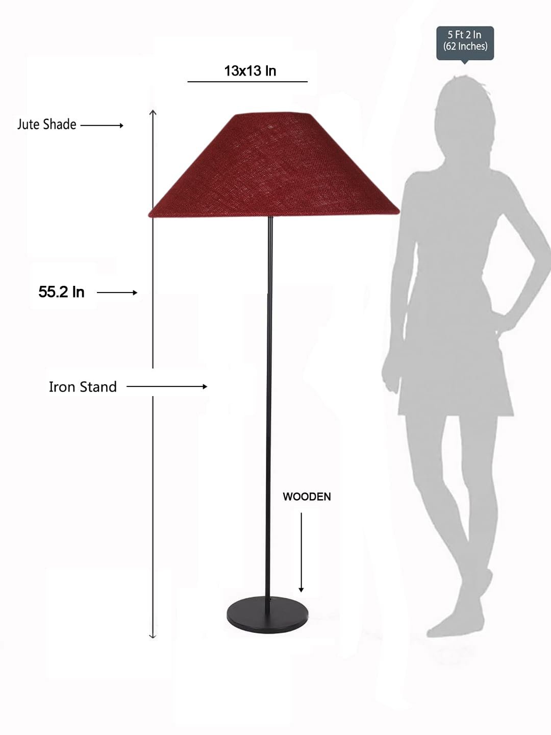 Maroon Jute Coolie Shade Floor lamp with Black Wood Base for Decoration/Office/Home/Gifting/Study .(13x13x55.7 Inches)