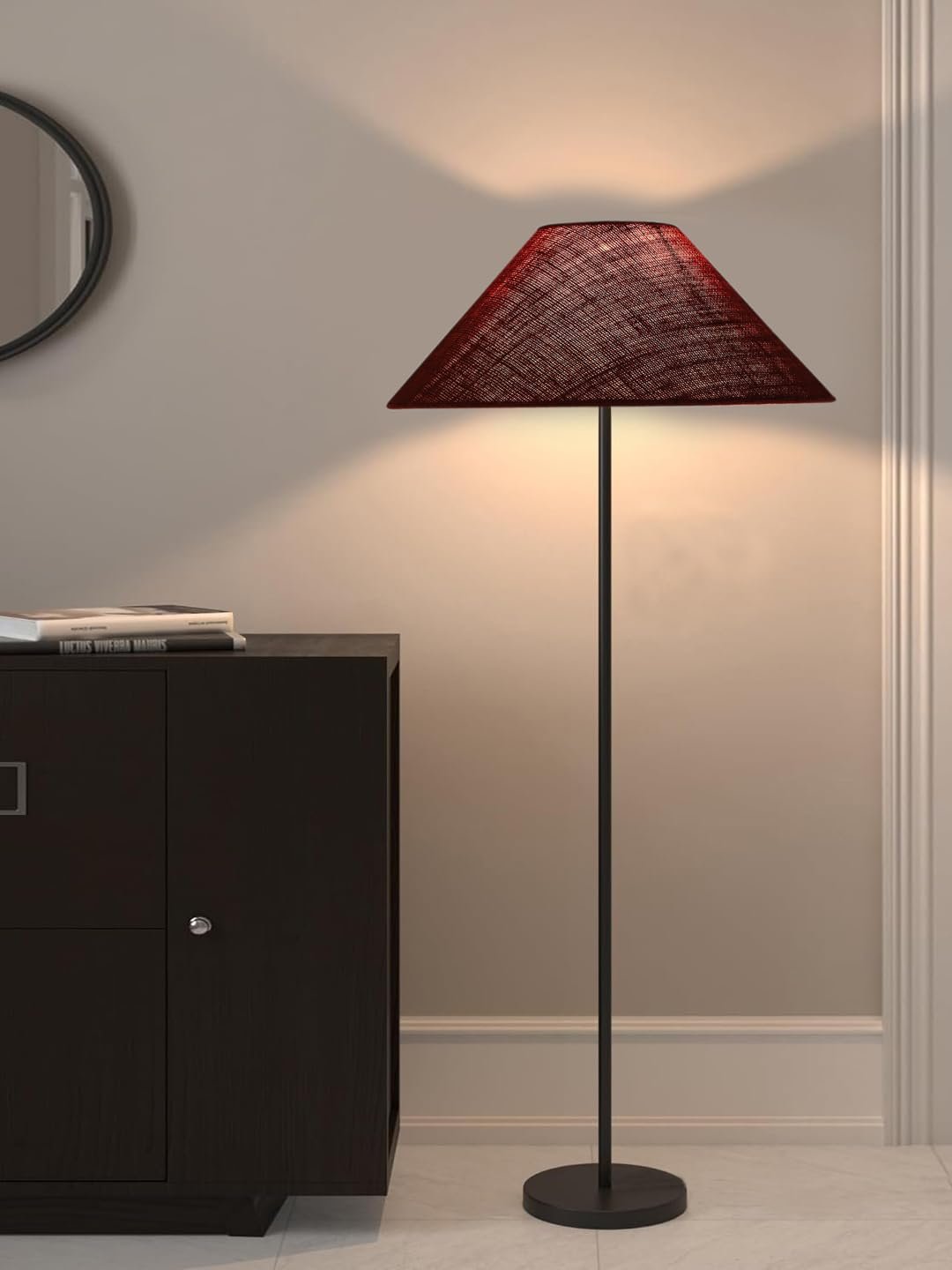 Maroon Jute Coolie Shade Floor lamp with Black Wood Base for Decoration/Office/Home/Gifting/Study .(13x13x55.7 Inches)