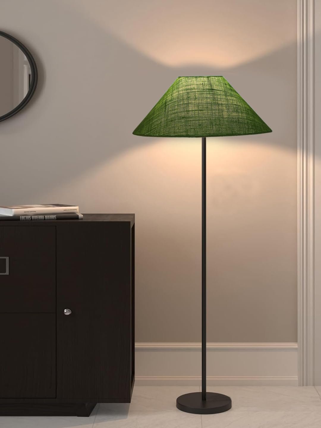 Green Jute Coolie Shade Floor lamp with Black Wood Base for Decoration/Office/Home/Gifting/Study .(13x13x55.7 Inches)