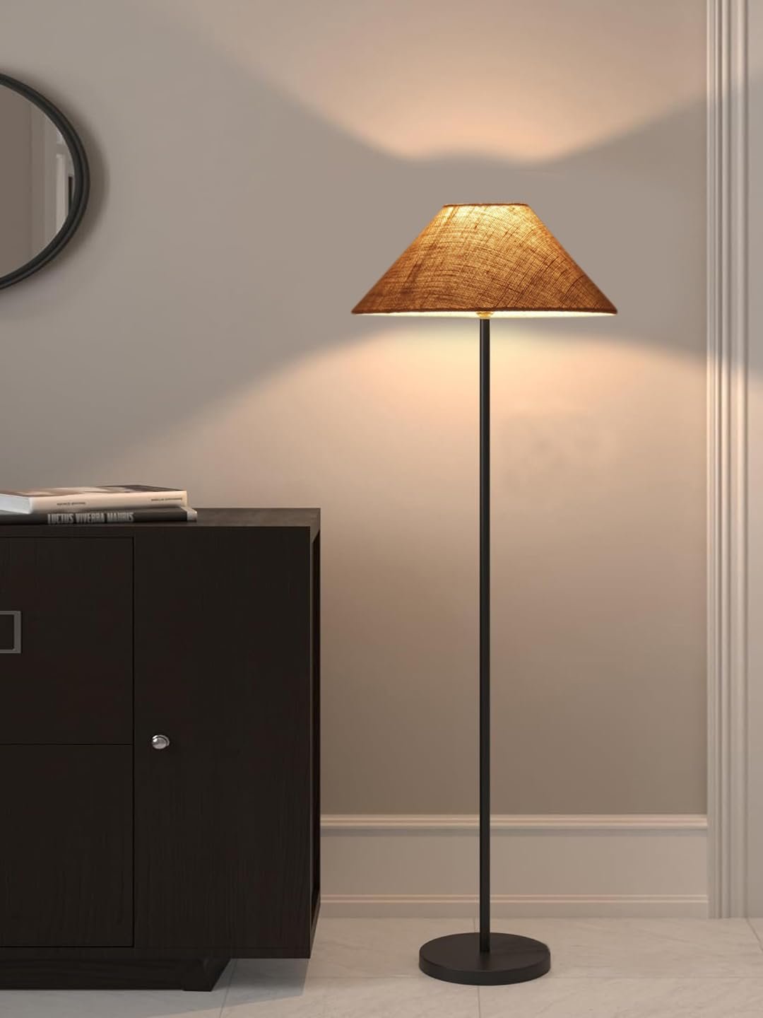 Beige Jute Coolie Shade Floor lamp with Black Wood Base for Decoration/Office/Home/Gifting/Study .(13x13x55.7 Inches)