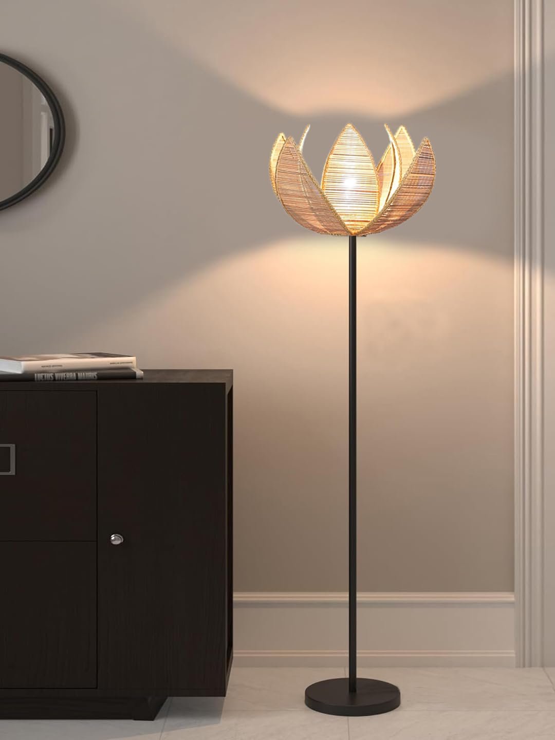 Rose Bamboo Shade Floor lamp with Black Wood Base for Decoration/Office/Home/Gifting/Study-(12x12x56.2 inches)