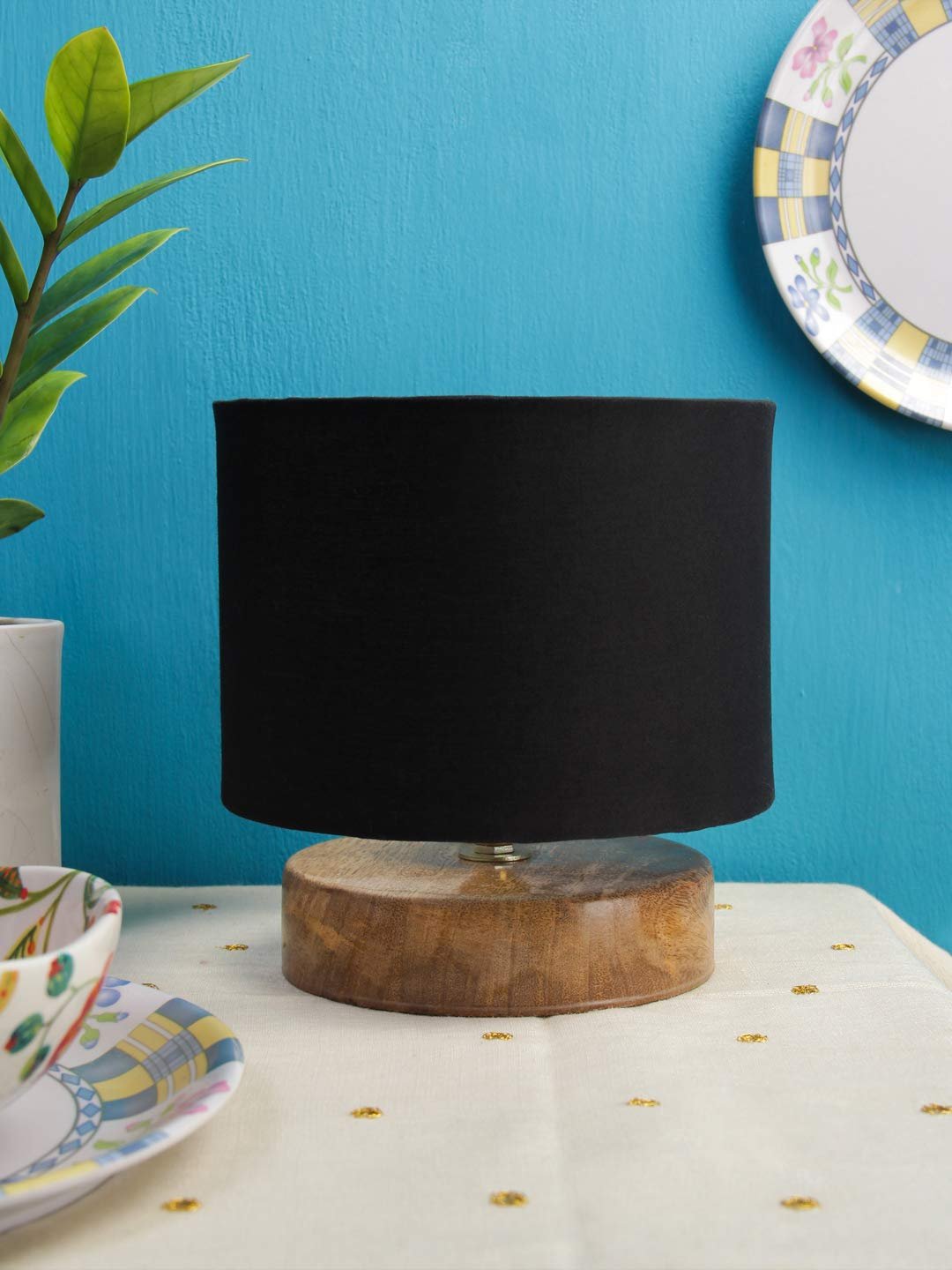 Black Cotton Shade Lamp with Natural Wood Basefor Decoration/Office/Home/Gifting/Study for Office/Home/Gifting -(7x7x7) Inches -