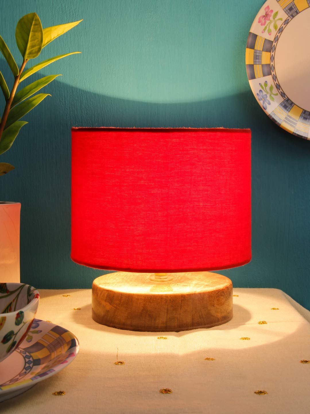 Red Cotton Shade Lamp with Natural Wood Basefor Decoration/Office/Home/Gifting/Study for Office/Home/Gifting -(7x7x7) Inches -