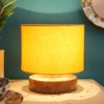 Yellow Cotton Shade Lamp with Natural Wood Base for Decoration/Office/Home/Gifting/Study for Office/Home/Gifting -(7x7x7) Inches –