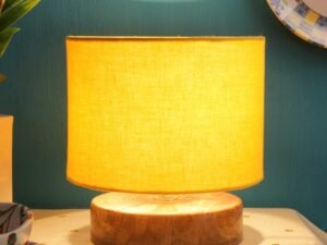 Yellow Cotton Shade Lamp with Natural Wood Base for Decoration/Office/Home/Gifting/Study for Office/Home/Gifting -(7x7x7) Inches -