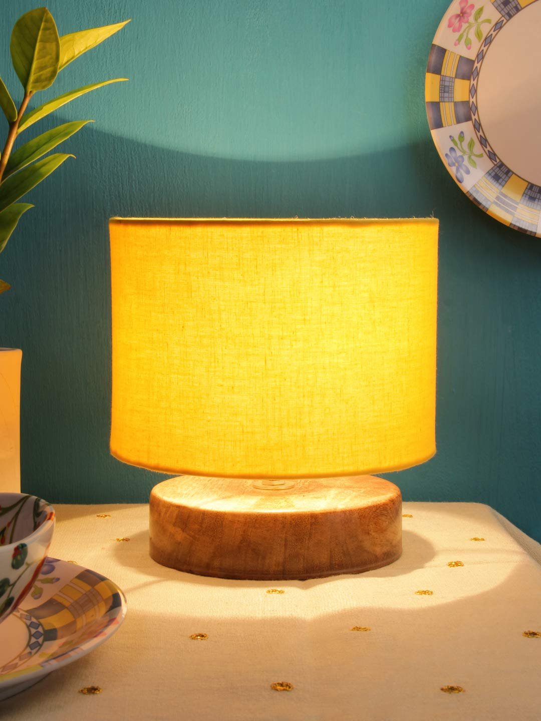 Yellow Cotton Shade Lamp with Natural Wood Base for Decoration/Office/Home/Gifting/Study for Office/Home/Gifting -(7x7x7) Inches -
