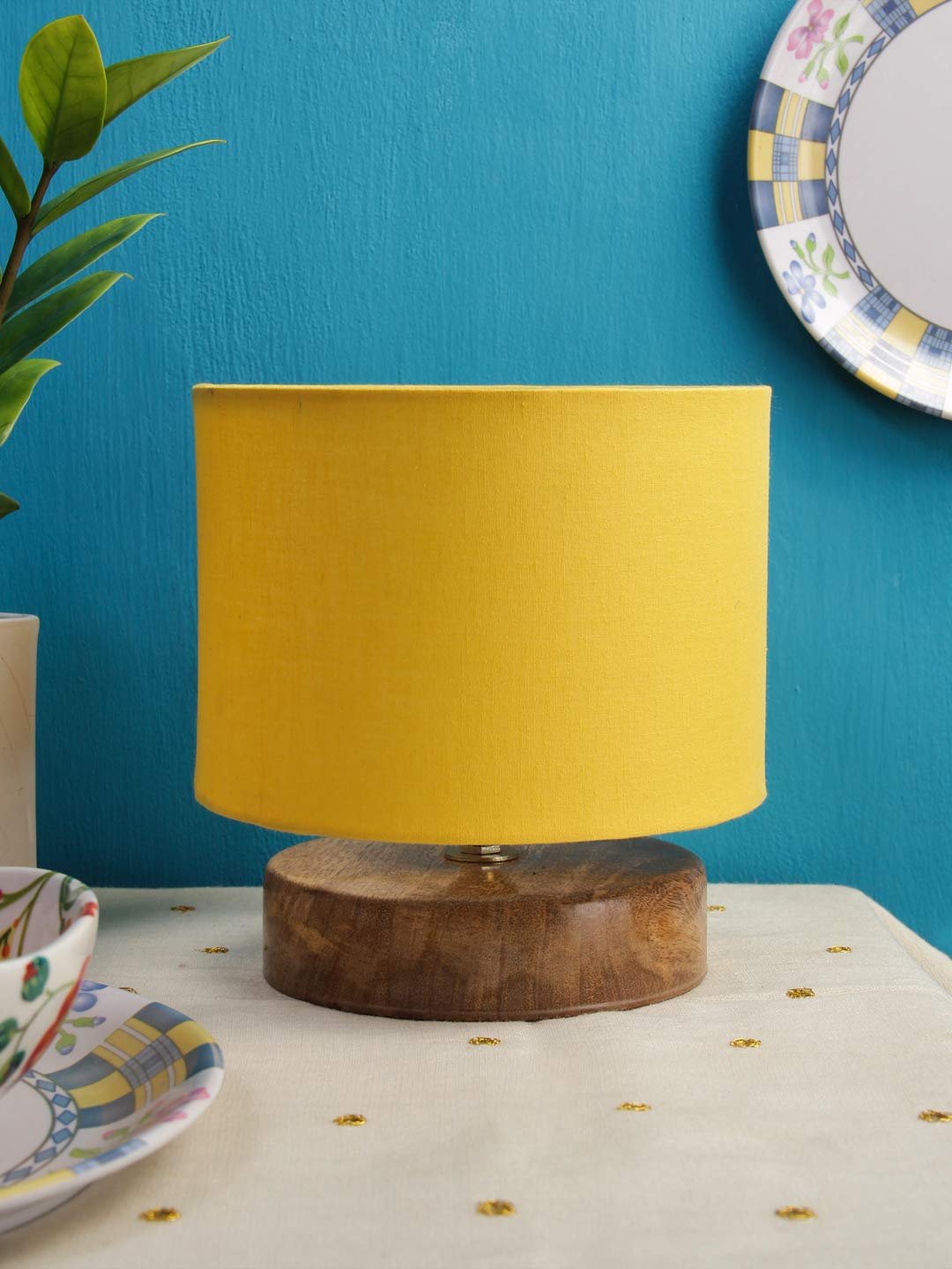 Yellow Cotton Shade Lamp with Natural Wood Base for Decoration/Office/Home/Gifting/Study for Office/Home/Gifting -(7x7x7) Inches -
