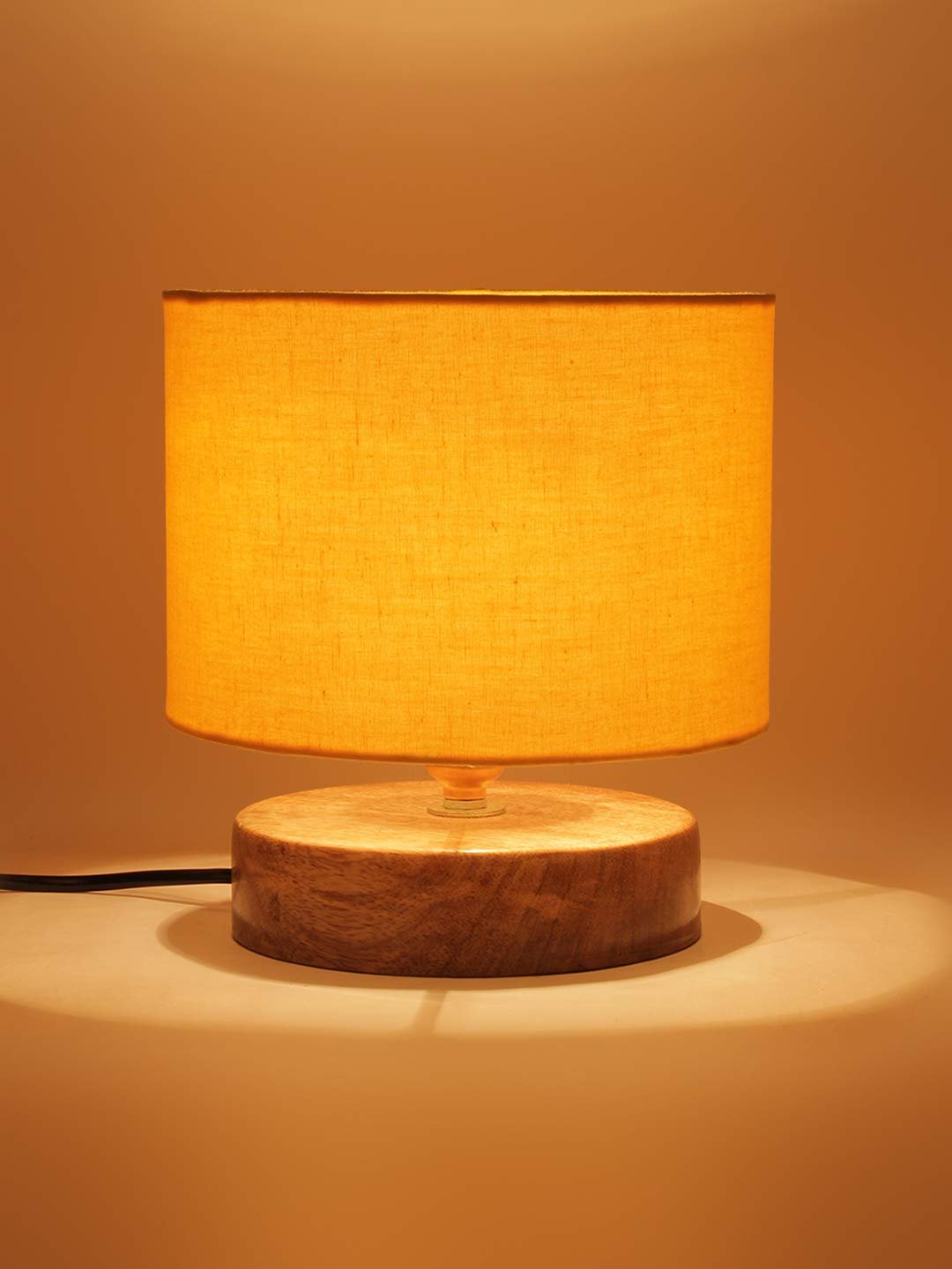 Yellow Cotton Shade Lamp with Natural Wood Base for Decoration/Office/Home/Gifting/Study for Office/Home/Gifting -(7x7x7) Inches -