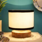 White & Shade Lamp with Natural Wood Base for Decoration/Office/Home/Gifting/Study for Office/Home/Gifting -(7x7x7) Inches –