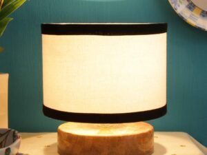 White & Shade Lamp with Natural Wood Base for Decoration/Office/Home/Gifting/Study for Office/Home/Gifting -(7x7x7) Inches -