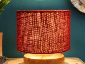 Maroon Jute Shade Lamp with Natural Wood Base for Decoration/Office/Home/Gifting/Study for Office/Home/Gifting -(7x7x7) Inches -