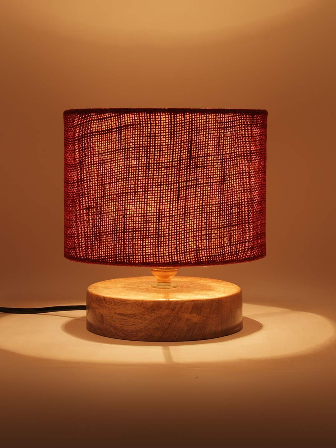 Maroon Jute Shade Lamp with Natural Wood Base for Decoration/Office/Home/Gifting/Study for Office/Home/Gifting -(7x7x7) Inches -
