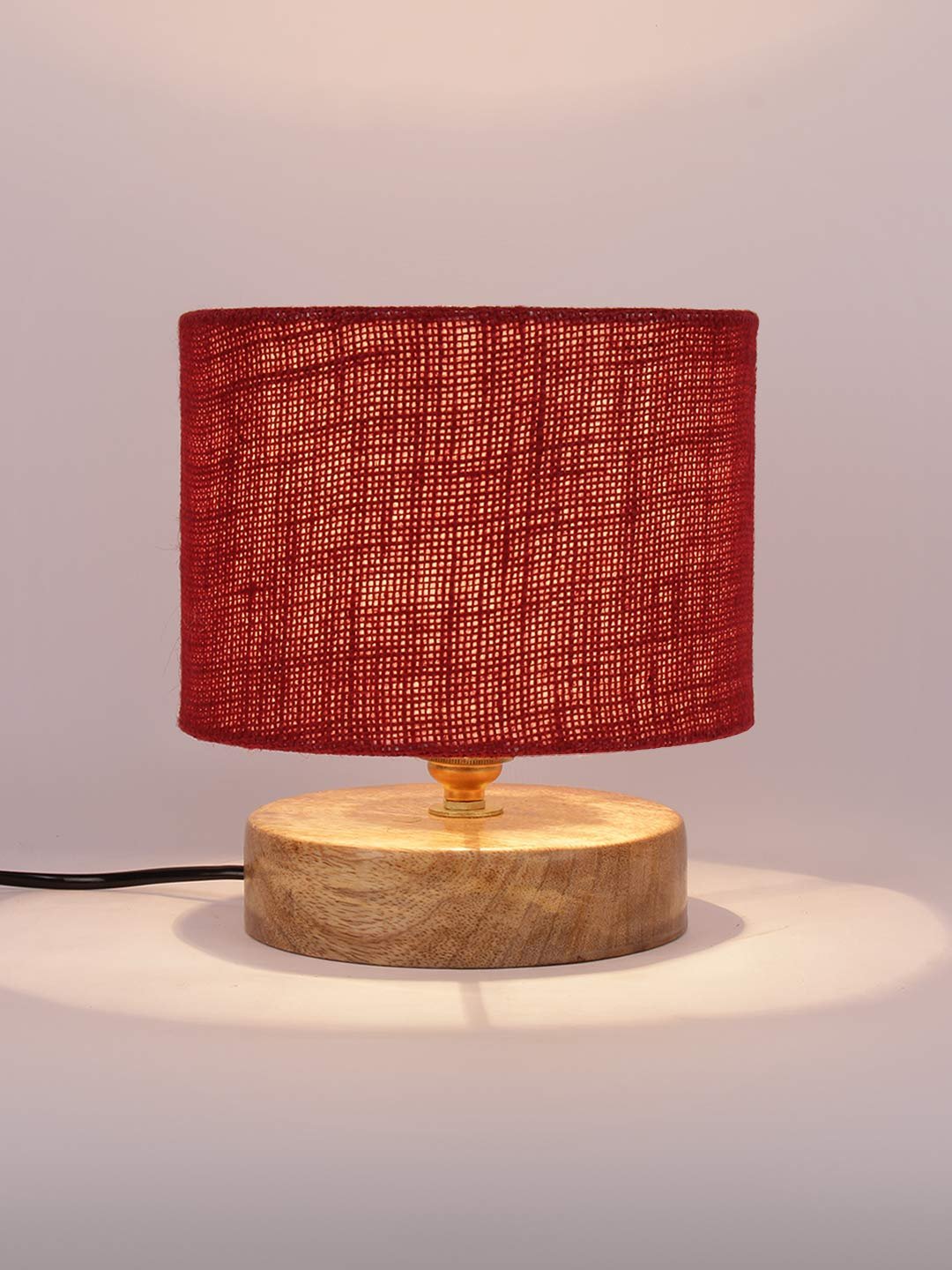 Maroon Jute Shade Lamp with Natural Wood Base for Decoration/Office/Home/Gifting/Study for Office/Home/Gifting -(7x7x7) Inches -
