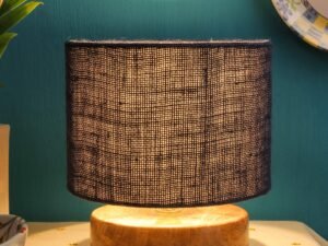 Blue Jute Shade Lamp with Natural Wood Base for Decoration/Office/Home/Gifting/Study for Office/Home/Gifting -(7x7x7) Inches -