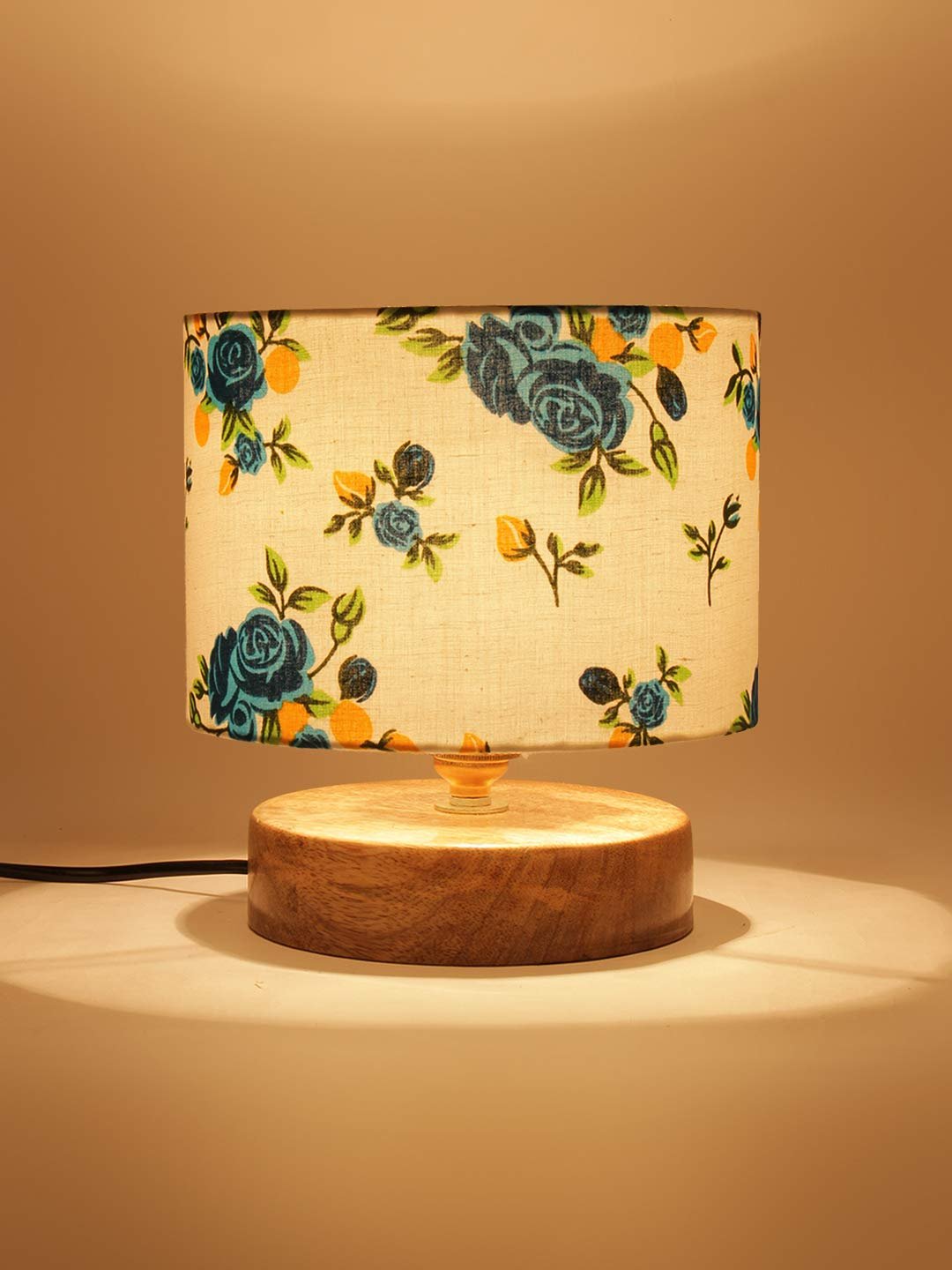 Multicolor Cotton Shade Lamp with Natural Wood Base for Decoration/Office/Home/Gifting/Study for Office/Home/Gifting -(7x7x7) Inches -