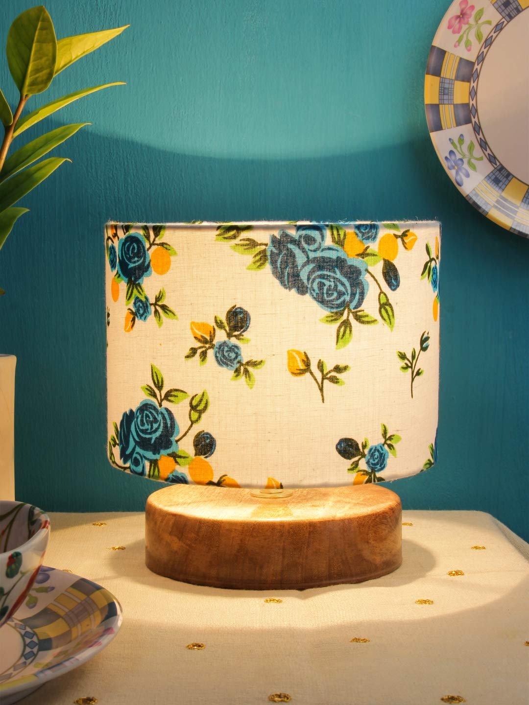 Multicolor Cotton Shade Lamp with Natural Wood Base for Decoration/Office/Home/Gifting/Study for Office/Home/Gifting -(7x7x7) Inches -