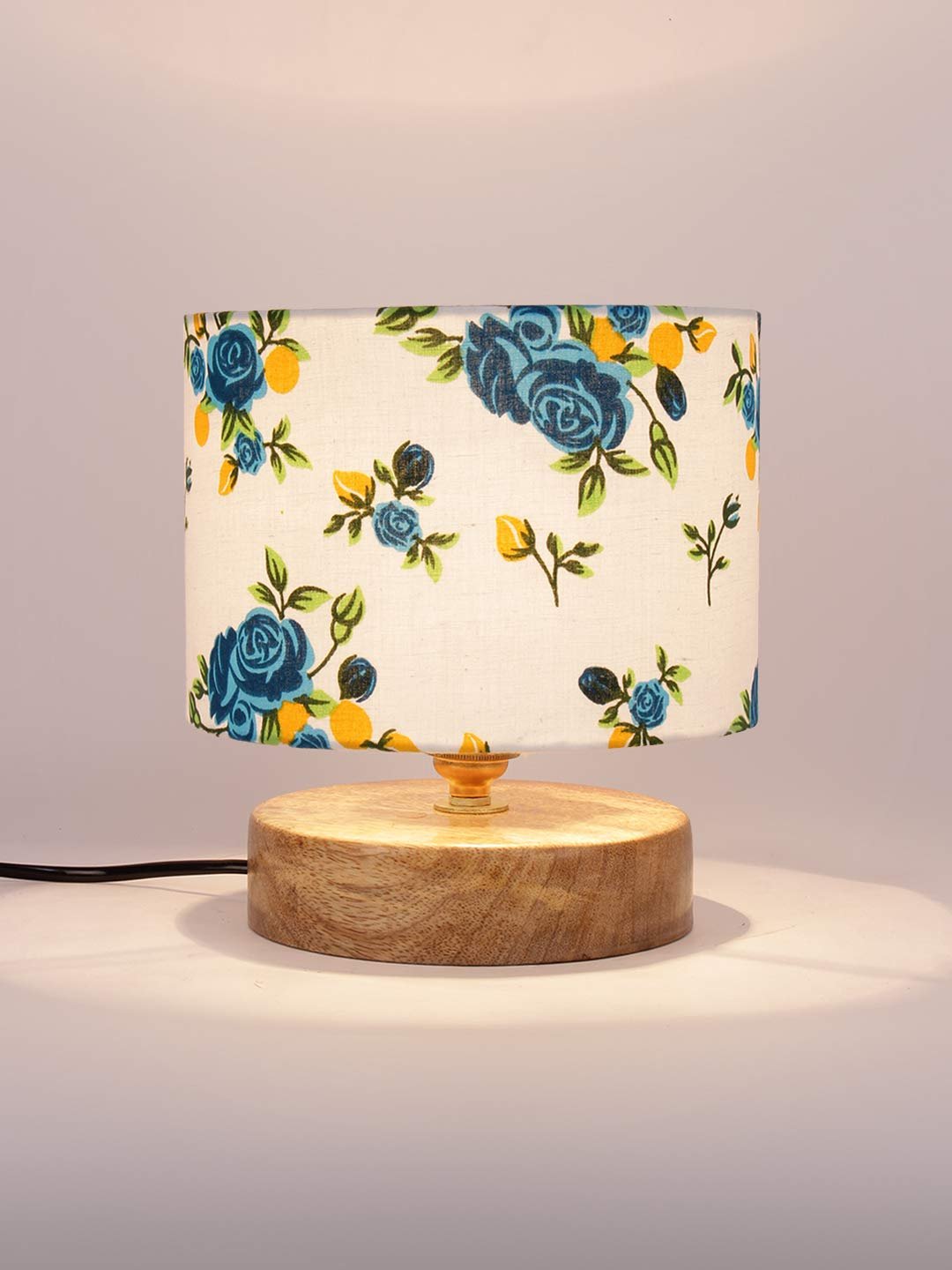 Multicolor Cotton Shade Lamp with Natural Wood Base for Decoration/Office/Home/Gifting/Study for Office/Home/Gifting -(7x7x7) Inches -