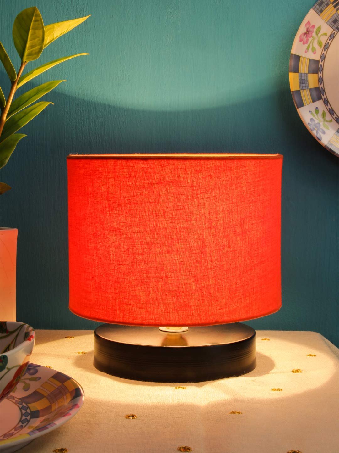 Orange Cotton Shade Lamp with Black Wood Base for Decoration/Office/Home/Gifting/Study for Office/Home/Gifting -(7x7x7) Inches -