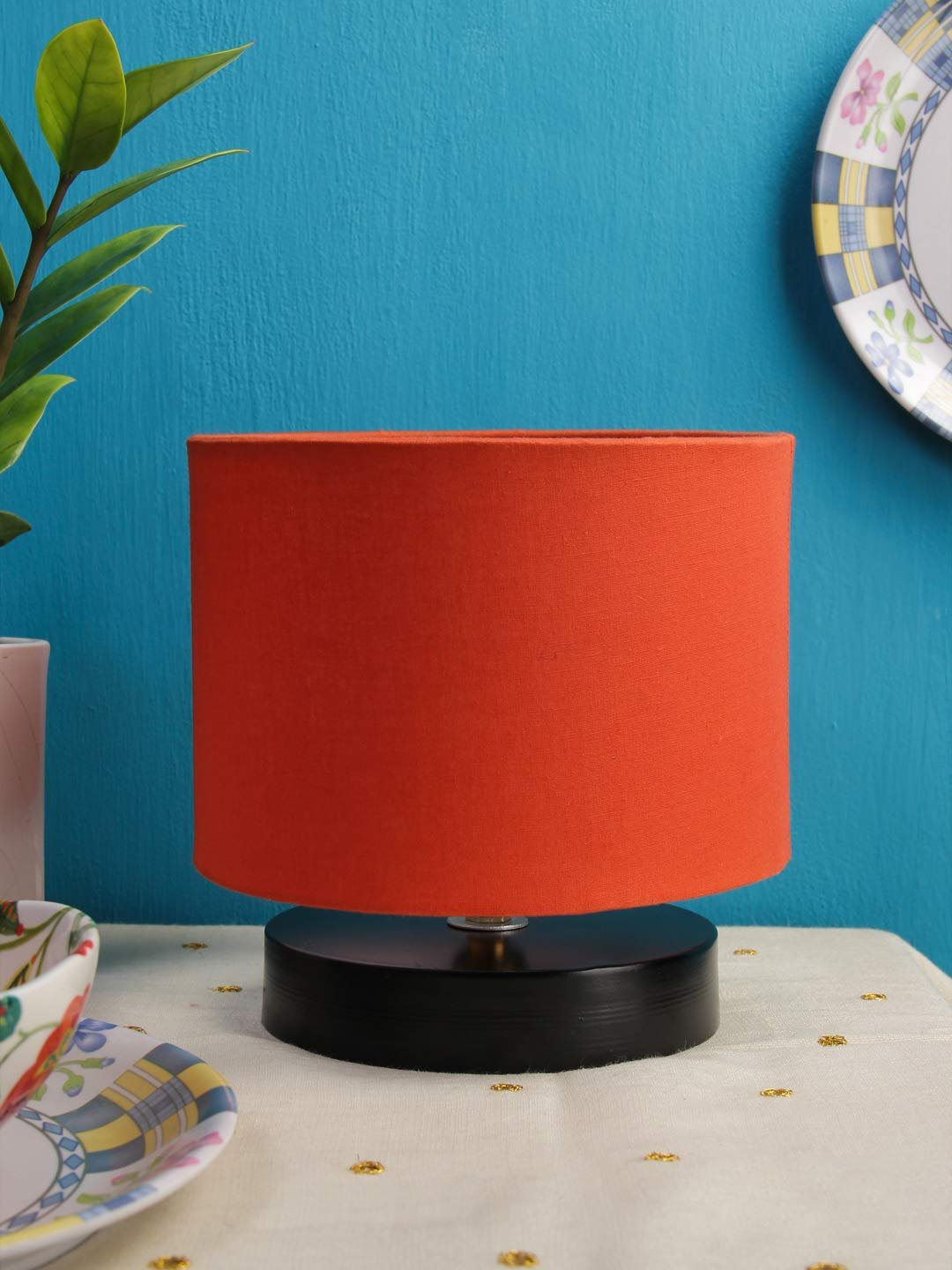 Orange Cotton Shade Lamp with Black Wood Base for Decoration/Office/Home/Gifting/Study for Office/Home/Gifting -(7x7x7) Inches -