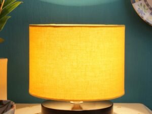 Yellow Cotton Shade Lamp with Black Black Wood Base for Decoration/Office/Home/Gifting/Study for Office/Home/Gifting -(7x7x7) Inches -