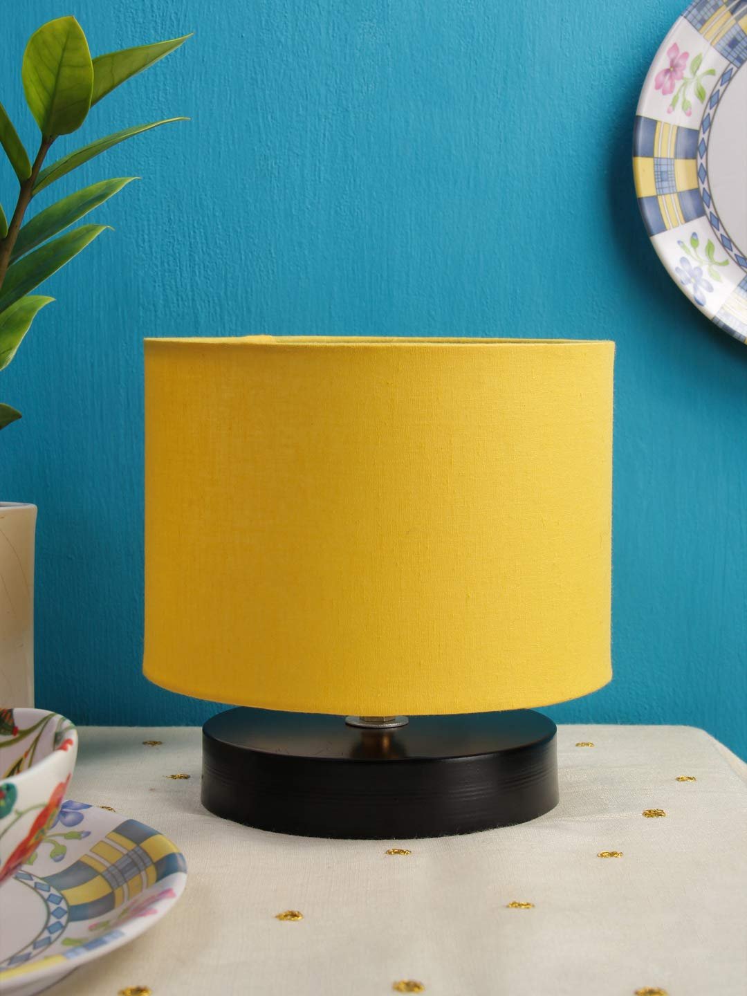Yellow Cotton Shade Lamp with Black Black Wood Base for Decoration/Office/Home/Gifting/Study for Office/Home/Gifting -(7x7x7) Inches -