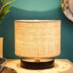 White Jute Shade Lamp with Black Wood Base for Decoration/Office/Home/Gifting/Study for Office/Home/Gifting -(7x7x7) Inches –