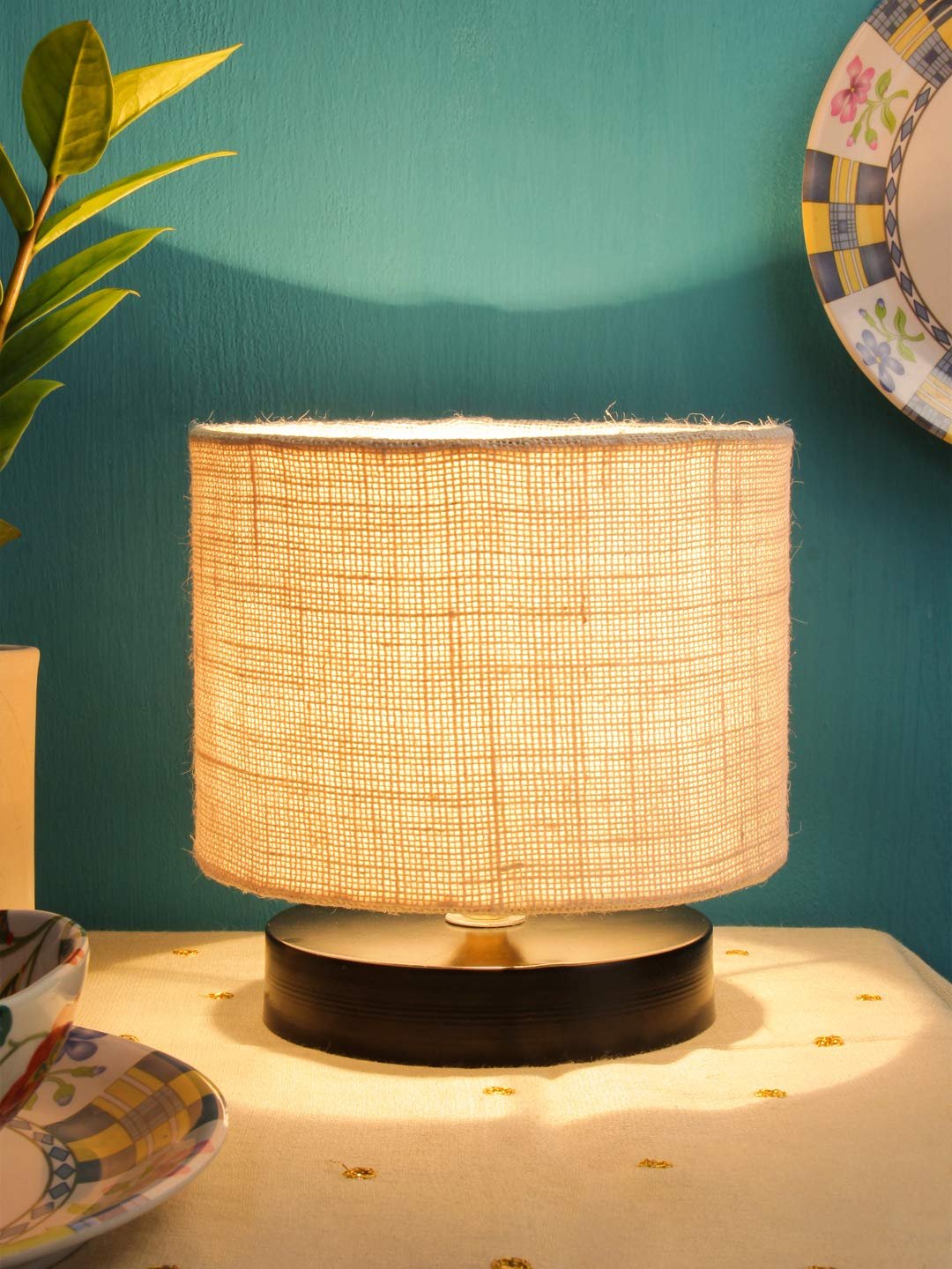 White Jute Shade Lamp with Black Wood Base for Decoration/Office/Home/Gifting/Study for Office/Home/Gifting -(7x7x7) Inches -