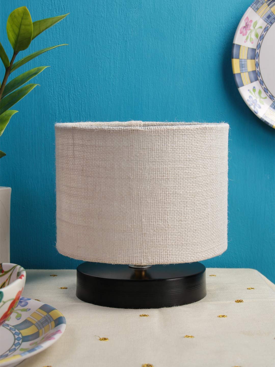 White Jute Shade Lamp with Black Wood Base for Decoration/Office/Home/Gifting/Study for Office/Home/Gifting -(7x7x7) Inches -
