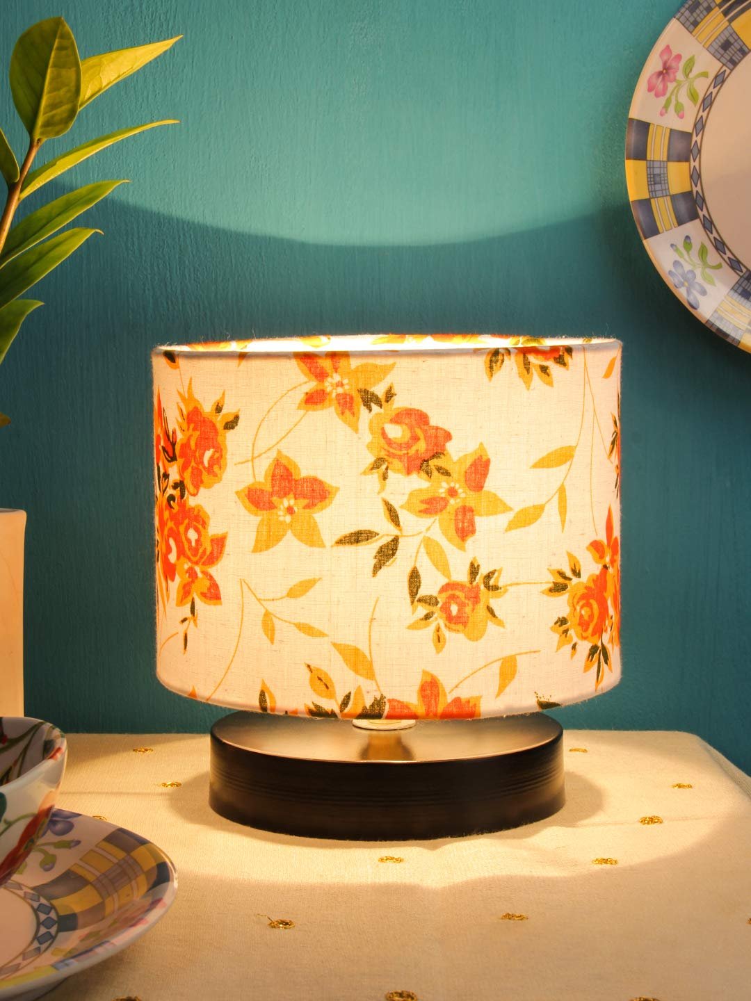 Multicolor Cotton Shade Lamp with Black Wood Base for Decoration/Office/Home/Gifting/Study for Office/Home/Gifting -(7x7x7) Inches -