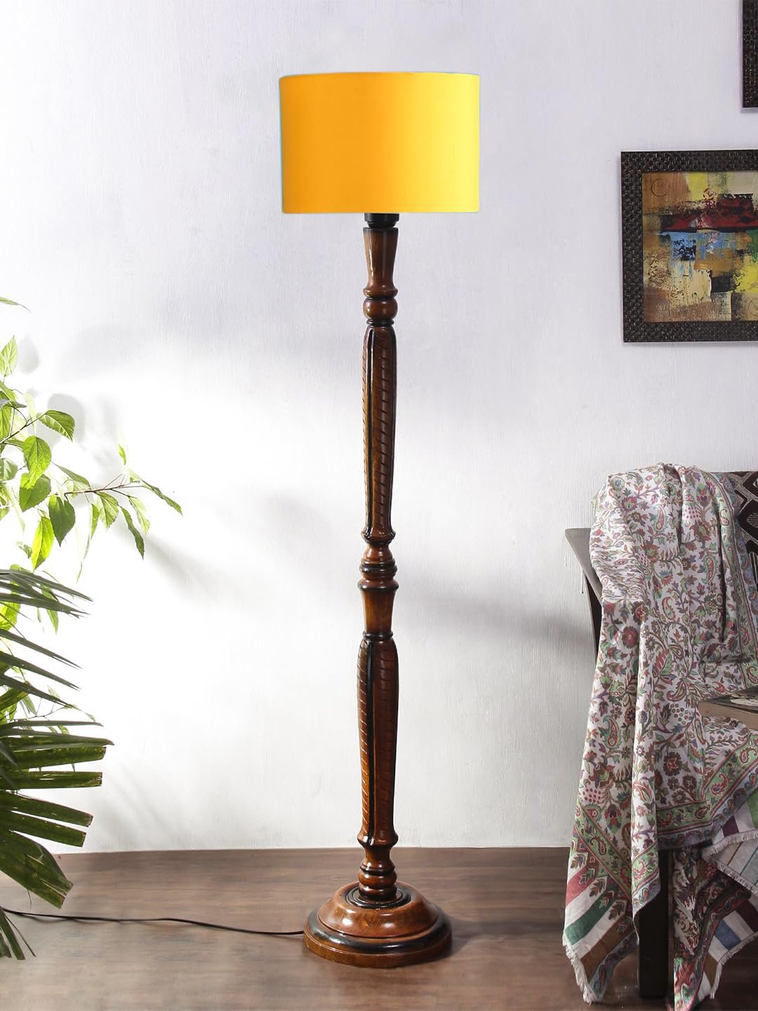 Yellow Cotton Wooden Floor Lamp -4