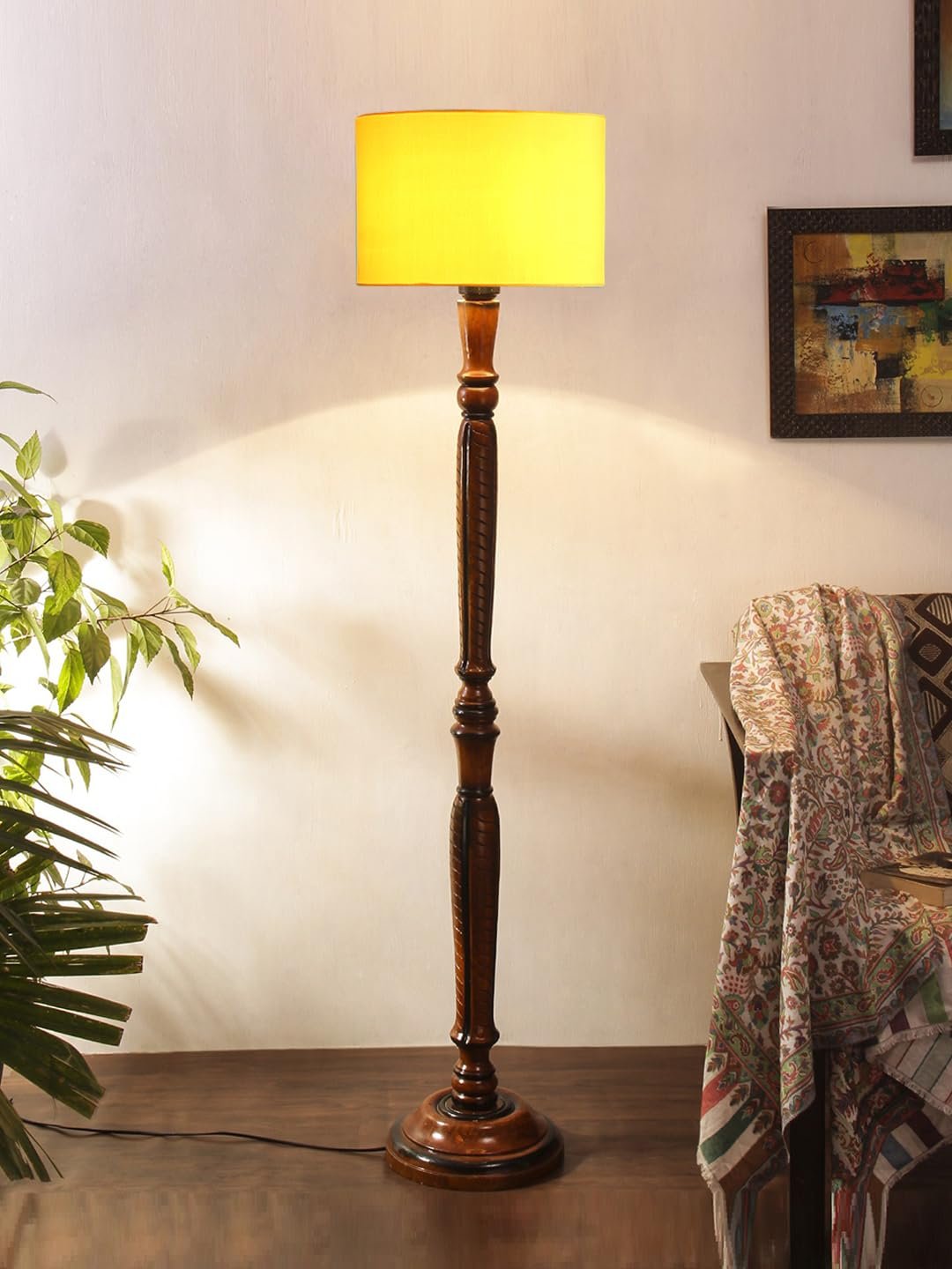 Yellow Cotton Wooden Floor Lamp -4
