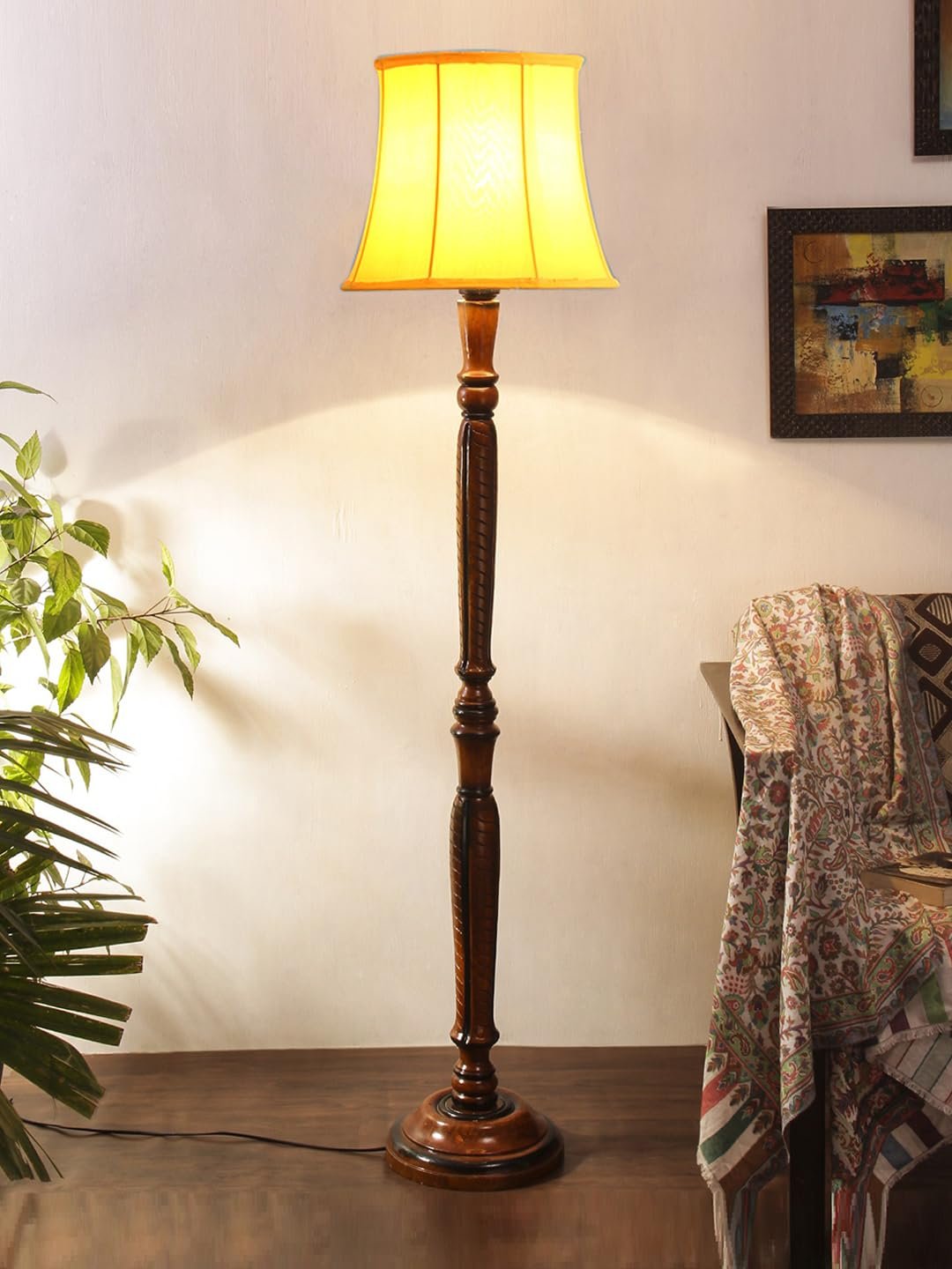 Yellow Cotton Wooden Floor Lamp -7